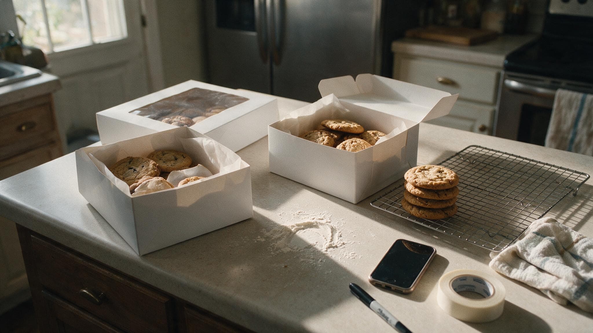 White bakery boxes being packed with cookies on a home kitchen counter beside a cooling rack