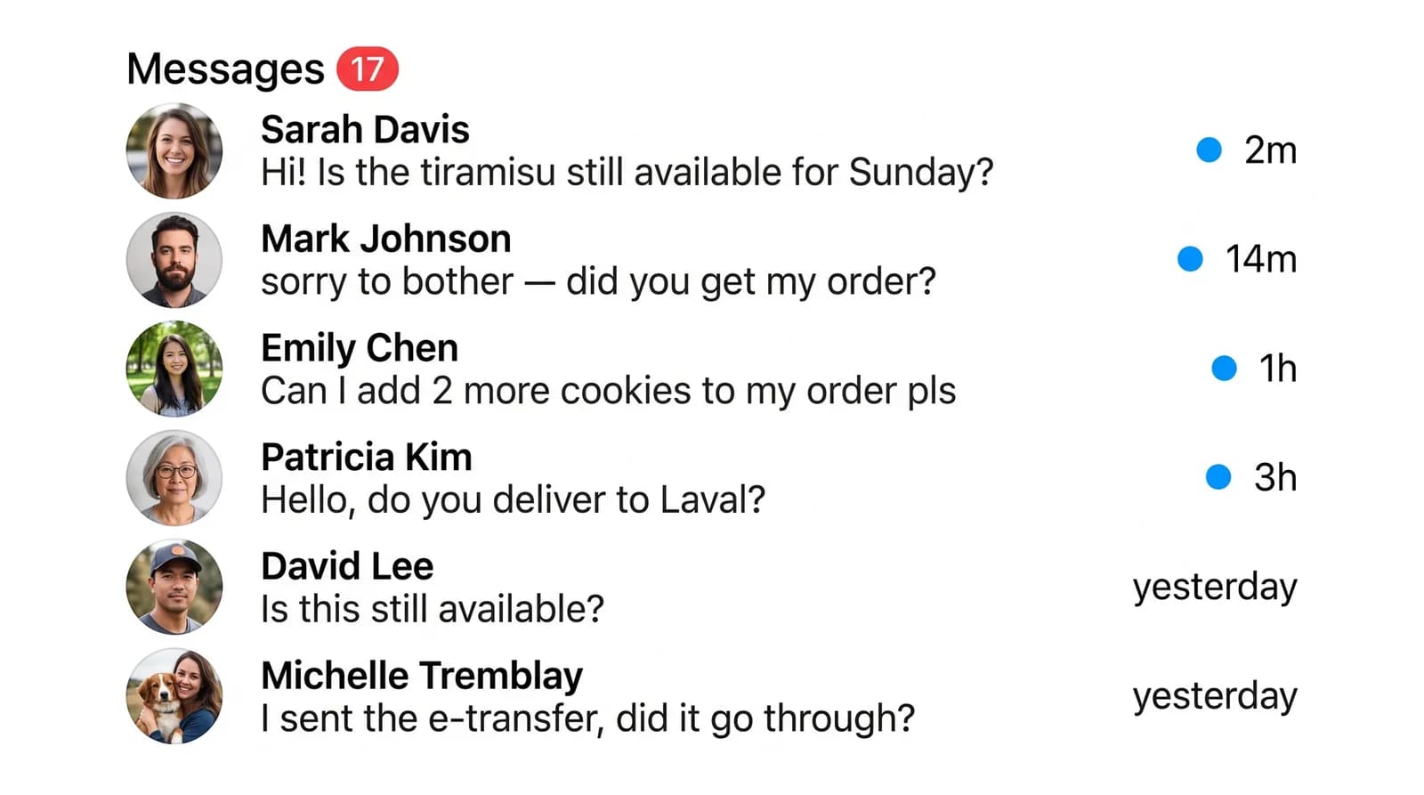 An inbox full of unanswered order messages asking if items are still available