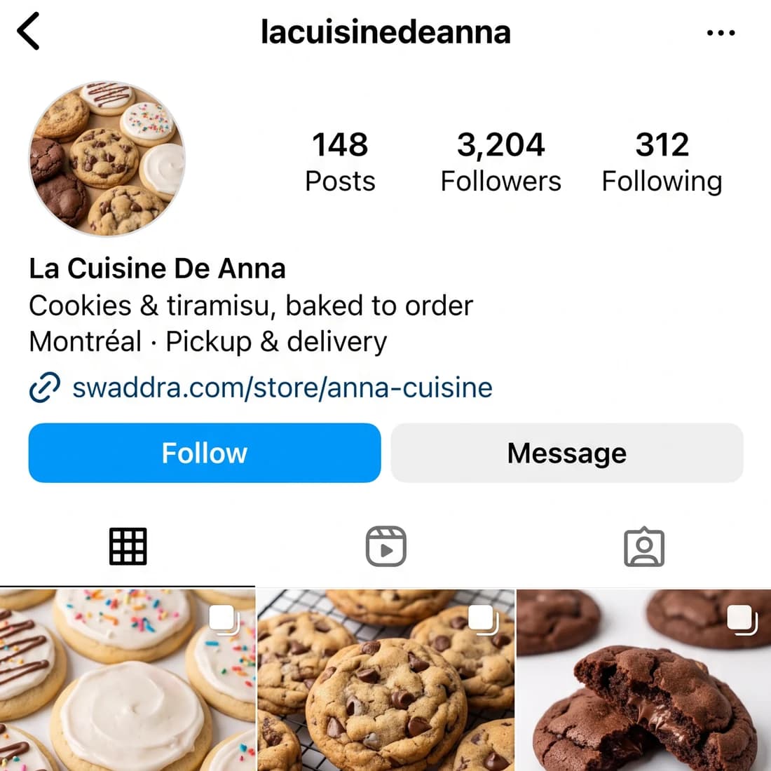 An Instagram profile for a home bakery with the Swaddra store link in the bio