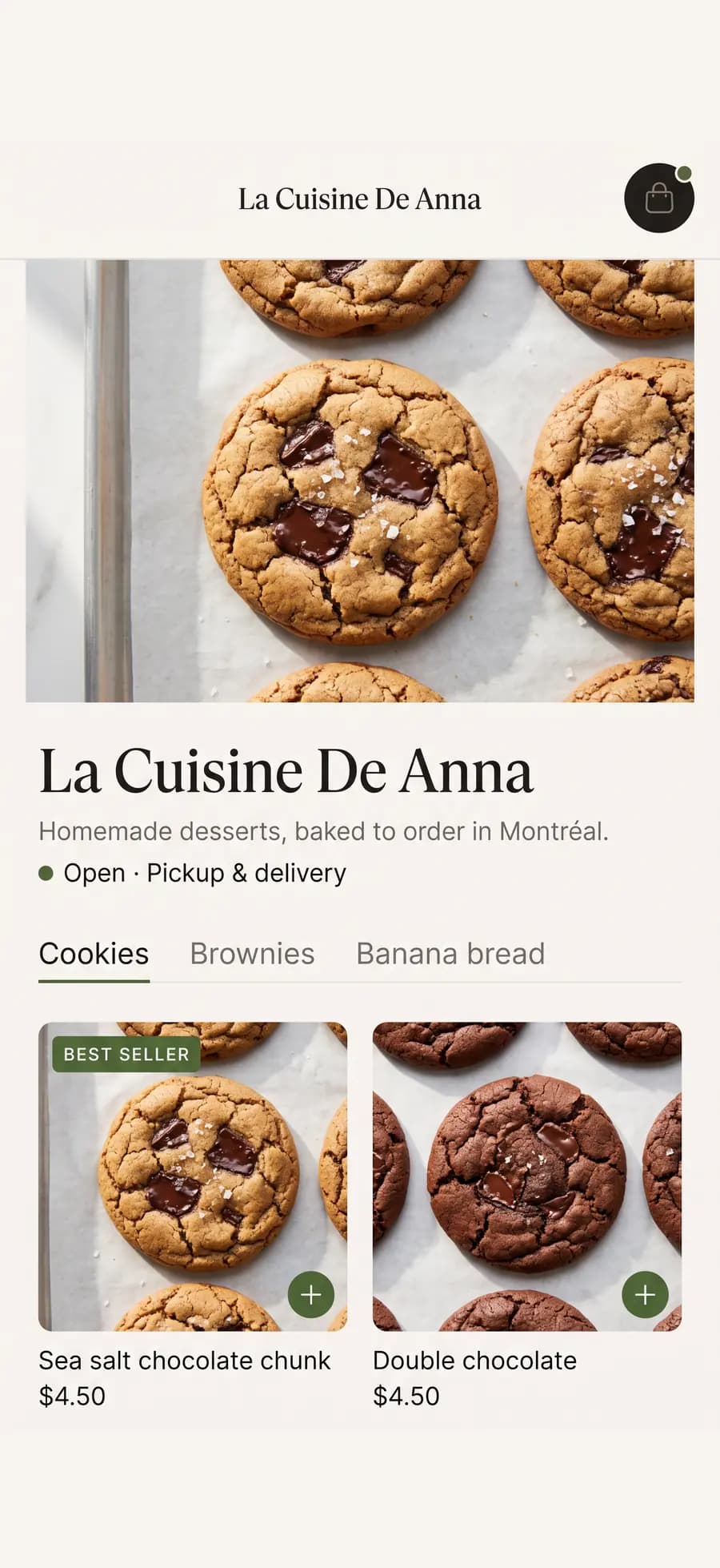 A Swaddra storefront on a phone, showing cookies with prices