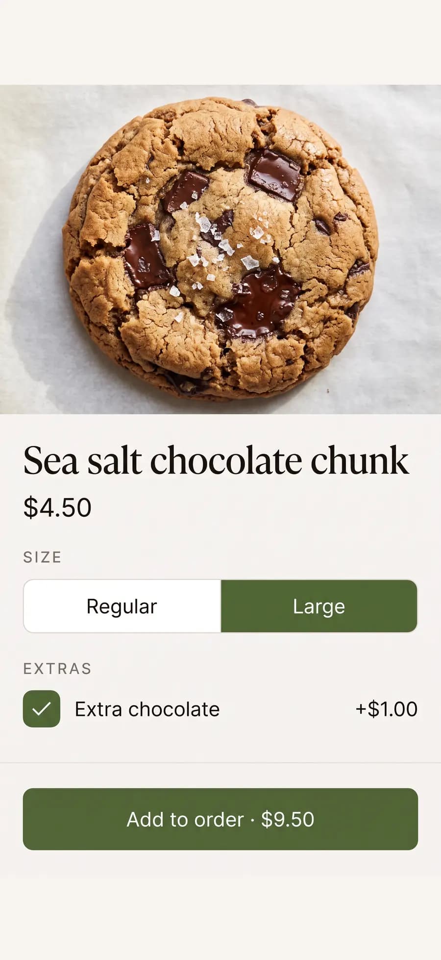 Choosing a size and extras for a cookie before adding it to the order