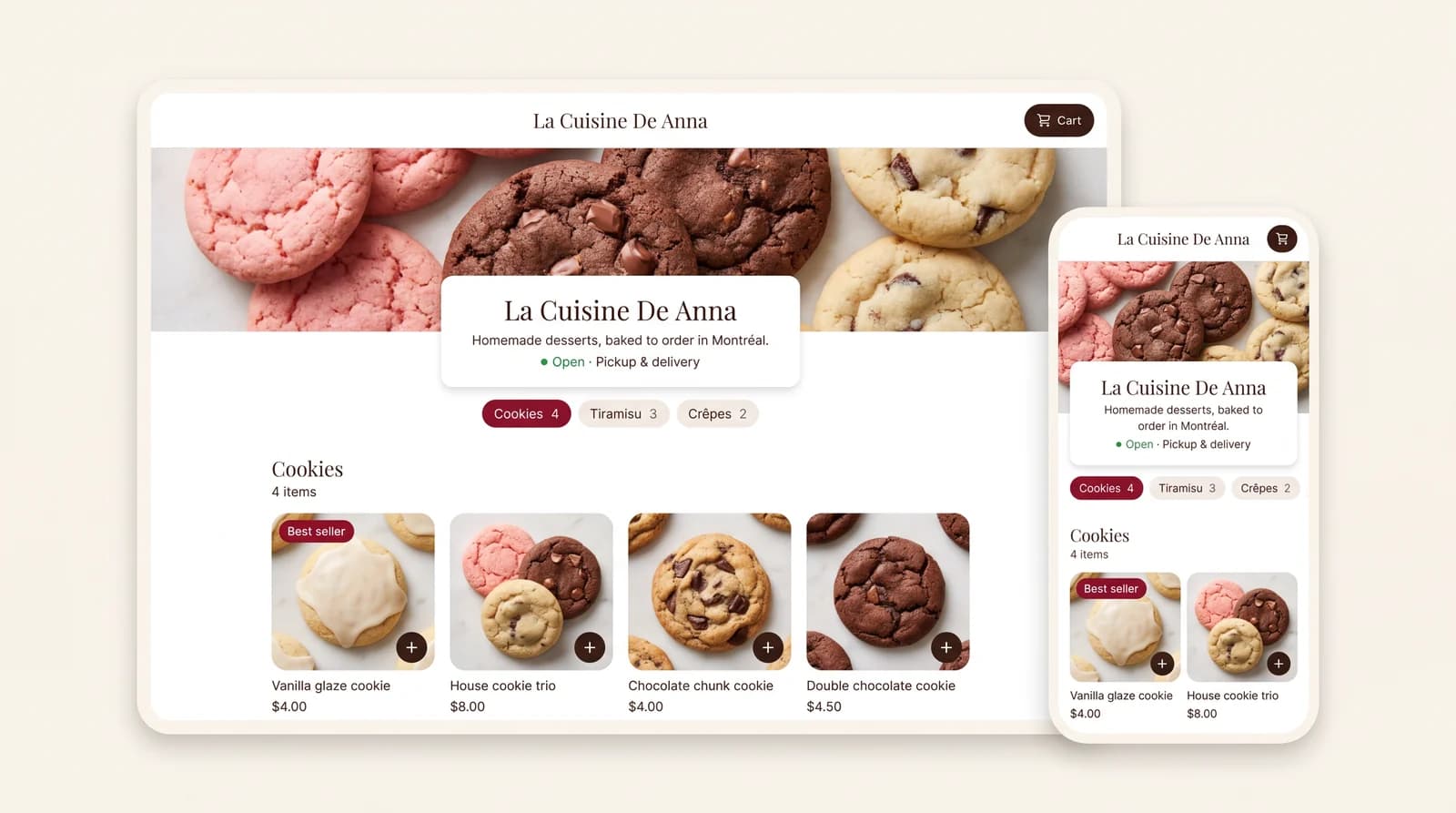A Swaddra storefront on desktop and mobile, showing cookies with prices and an open status