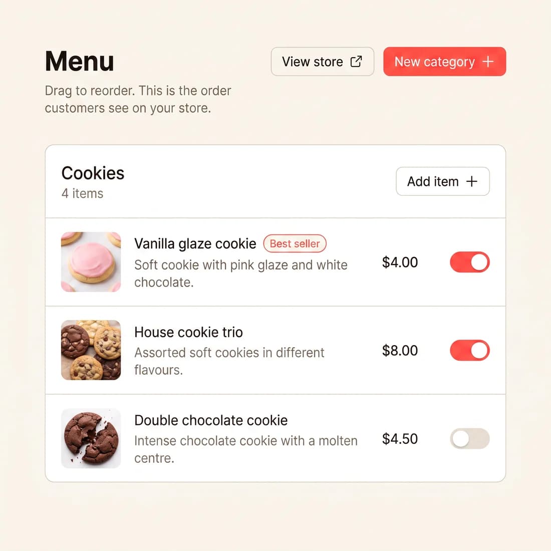 The Swaddra menu editor: a Cookies category with three dishes, prices and availability toggles