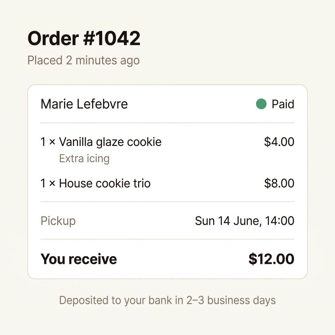 A paid order in Swaddra showing the items, pickup time and the amount the seller receives