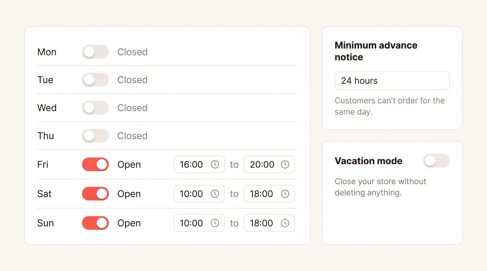 Swaddra opening hours: closed Monday to Thursday, open Friday to Sunday, with advance notice and vacation mode